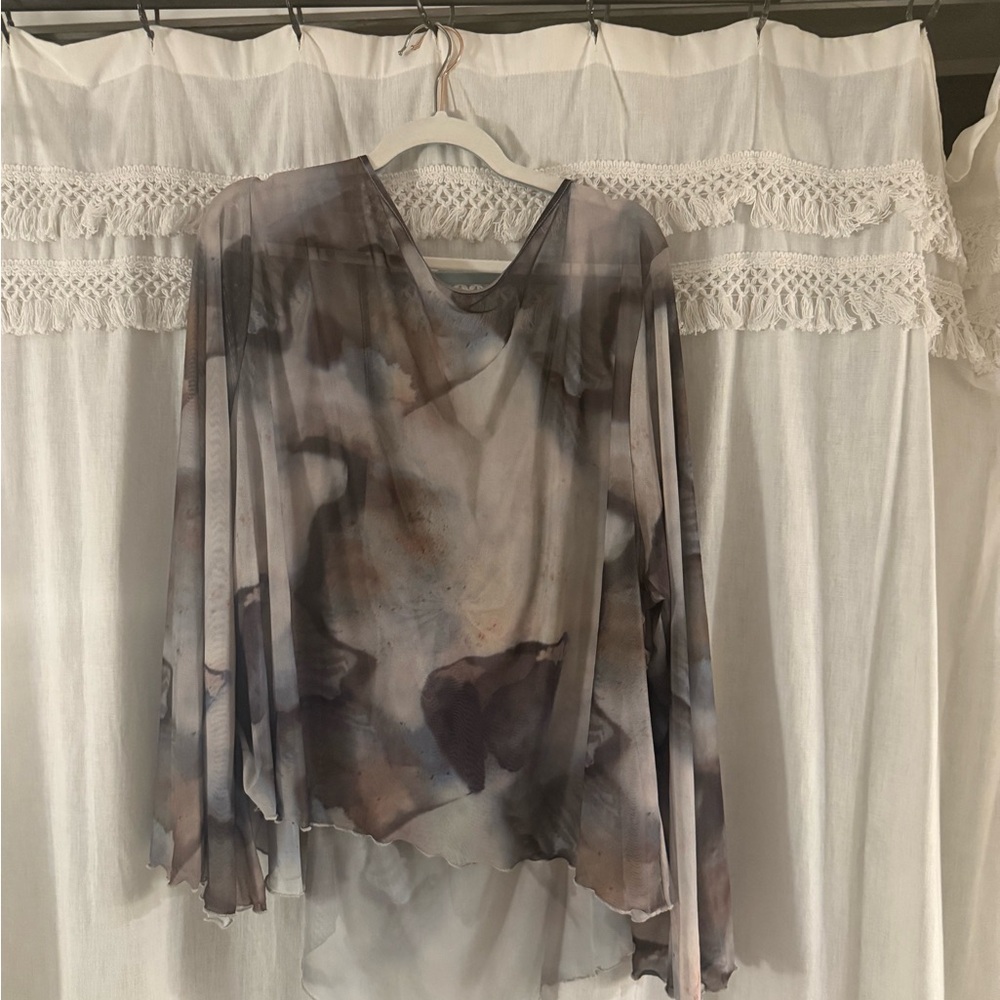 SHEIN Sheer Tie-Front Blouse in Gray and Taupe Watercolor - Picture 2 of 2